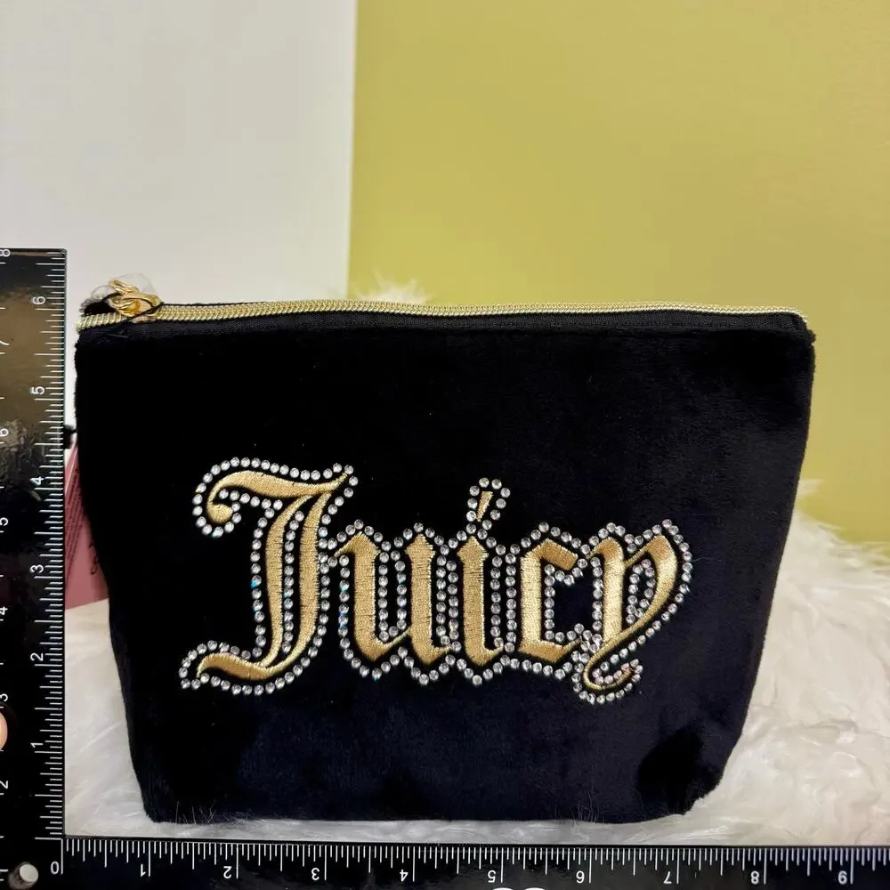 Juicy Couture Bling Velour Makeup Comestic Bag Black Logo NWT